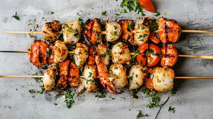 Grilled crab skewers with garlic and herbs, arranged against a minimalist grey background with soft lighting