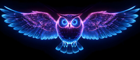 Wall Mural - a striking neon owl with vibrant blue and pink colors soaring against a dark background, perfect for