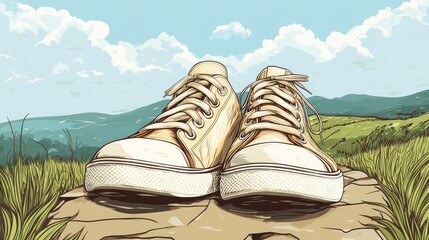 A pair of white canvas shoes sits on a rock overlooking a mountain landscape.