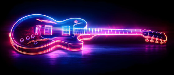 Wall Mural - a vibrant neon guitar illuminated with colorful lights, perfect for music and nightlife themes, show