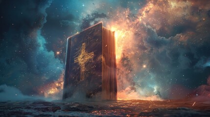 a book is open on a rock in the sky
