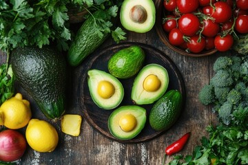 Wall Mural - A flat lay of fresh avocados, lemons, and cilantro. This photo can be used for various purposes, such as promoting healthy eating or showcasing a recipe.