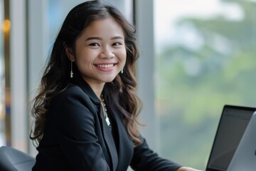 Wall Mural - A person sitting in front of a laptop computer, focused on work