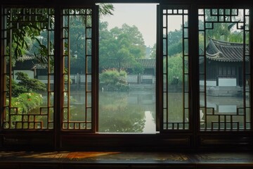 Sticker - A serene lake scene viewed through a window from inside