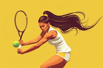 Wall Mural - A woman holds a tennis racquet on a tennis court, ready to play