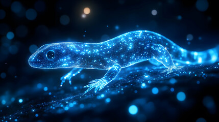 Wall Mural - A glowing blue lizard with sparkling details, set against a dark backdrop, creating a mesmerizing ethereal effect.