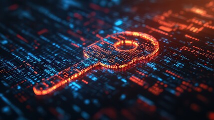 Wall Mural - encryption key icon with flowing binary code hovers in front of a tech conference backdrop, symboliz