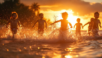 A vibrant sunset scene featuring children joyfully running through water, capturing the essence of summer fun and carefree moments.