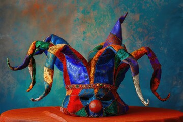 Sticker - A clown mask sitting on a wooden table