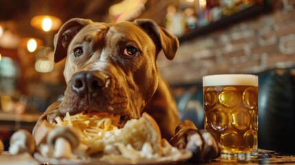 Canvas Print - A dog sitting at a table, surrounded by human comforts, with a plate of food and a glass of beer