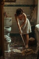 Wall Mural - A person cleaning the floor in a bathroom with a broom and dustpan