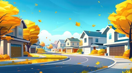 Canvas Print - Illustration of a peaceful street scene with cartoon-style houses and trees during the fall season