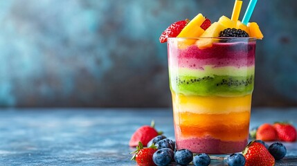 Multicolored smoothie with fruits and straws on a blue background.