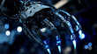 © IntelliPixelForge - Close-up of robotic claws gripping components, glowing blue lights, sharp reflections, ultra-realistic details