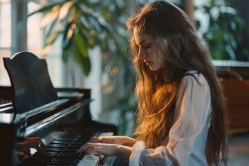 Sticker - A person sitting on a couch playing a piano in a cozy living room