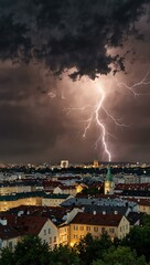 Wall Mural - Summer thunderstorm with lightning over Vienna’s Wienerberg City.