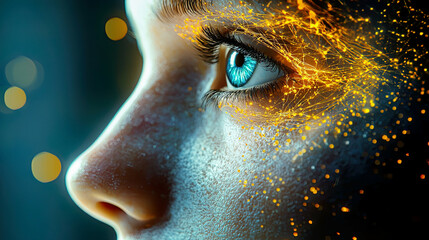 Close-up side view of humanoid head, glowing neon neural network around blue and yellow eyes, futuristic technology, ultra-detailed realism