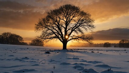 Poster - Sunrise over a snowy landscape with a tree silhouette.