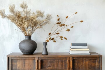 Canvas Print - A still life image featuring a vase with dry plants surrounded by books