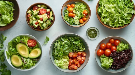 A Variety of Salads with Avocado, Tomatoes, and Greens.