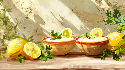 Wall Mural - Lemon-infused hummus with fresh herbs sits invitingly on a rustic wooden table