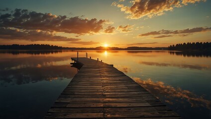 Poster - Sunset over a tranquil lake with a wooden pier.