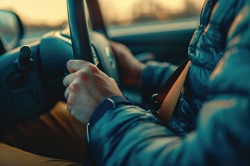 Canvas Print - A person holding the steering wheel while driving a car