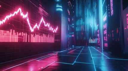 Wall Mural - Neon glowing city street with stock market charts.