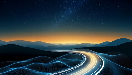 A highway road with white lines, under the starry sky, a dark blue background