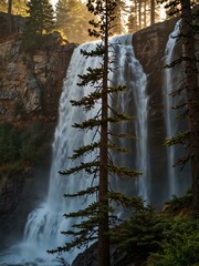 Poster - Tall pine trees in front of a waterfall at sunrise.