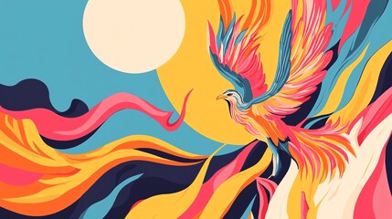 A vibrant phoenix soars amidst bold colors and dynamic swirls under a glowing moon, symbolizing rebirth and transformation.