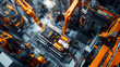 © ArtistryAxis - Overhead shot of a smart factory with an EV battery pack assembly line, orange robotic arms meticulously working, high-tech automotive industry setup, bright and detailed environment