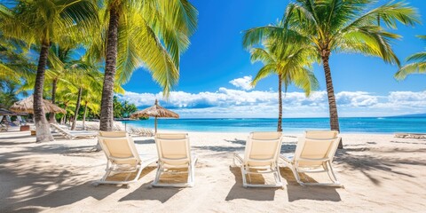 Wall Mural - Tropical beach paradise with palm trees and white sand under clear blue sky