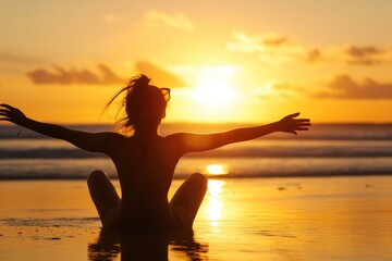 Silhouette of a woman embracing a scenic ocean sunset on a tranquil beach