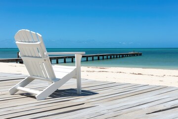 Wall Mural - Serene beach view with chair on wooden deck overlooking azure ocean