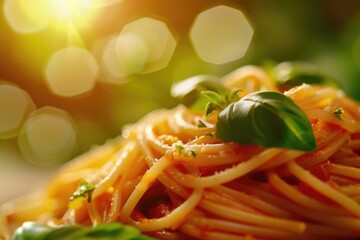 Wall Mural - A close-up of spaghetti with fresh basil leaves