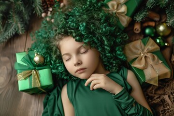 Wall Mural - Whimsical touch of green hair makes serene sleep scene truly unique. Green hues of her hair add fantastical touch to tranquil scene. Serenity and gentleness envelop resting child tender moment.