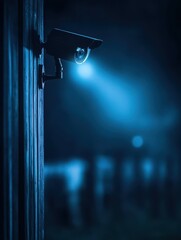 A dark night scene featuring a security camera with blue lighting, symbolizing surveillance and safety in urban spaces.