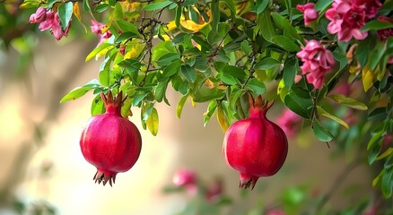 Two ripe pomegranates hanging amidst vibrant flowers and green leaves.