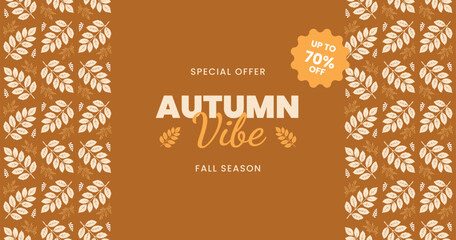 Vintage autumn advertisement banner template with foliage leaves ornament and seasonal sale lettering text. Abstract wallpaper design with rowan leaf in gold, beige, and yellow fall colors. Ad poster