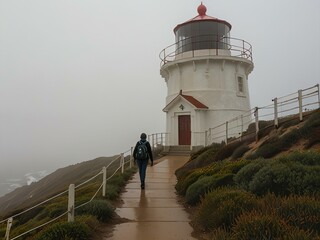 Poster - Tourists exploring Point Reyes Lighthouse in fog, wide-angle view.