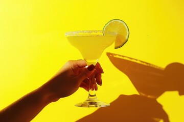 Sticker - A person holding a refreshing glass of drink with a lime slice, perfect for a hot summer day