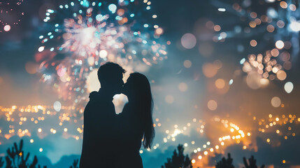 A romantic couple embracing under a sky filled with fireworks, the cityscape in the background is aglow with bright lights. The figures are silhouetted against the glowing bursts of orange 