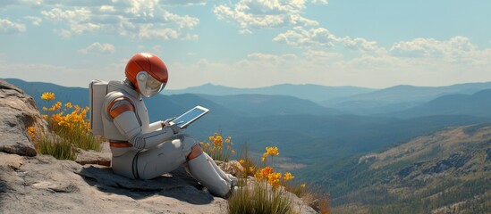 Humanoid Robot On Mountain Reading iPad