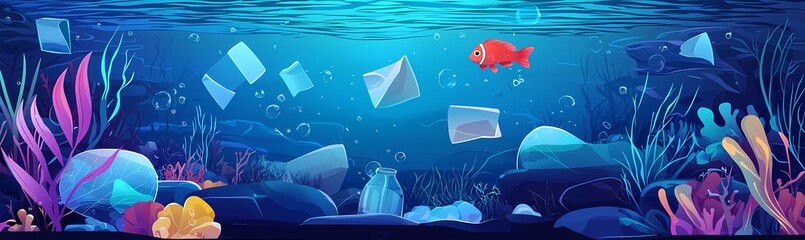 A vibrant underwater scene with a small goldfish exploring amidst plastic waste.