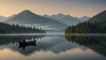 Canvas Print - Tranquil lake at sunrise with a boat and misty mountains.