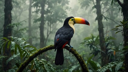 Wall Mural - Tropical toucan in a misty rainforest.