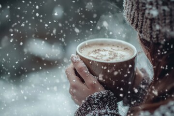 Wall Mural - Cozy winter scene with hands holding hot coffee cup in falling snow