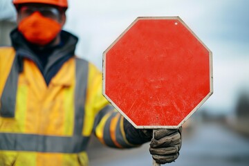 Construction worker holding red stop sign on roadwork site for safety guidance