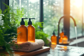 Amber bottles filled with liquid soap sit on a towel in a bright kitchen surrounded by plants. Soft sunlight filters through the windows, creating a serene atmosphere